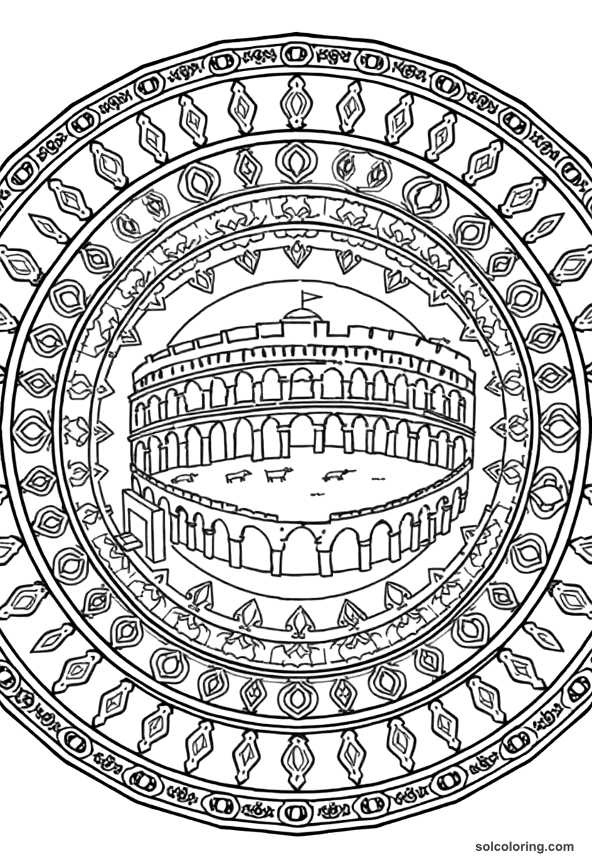 Mandala Ancient Roman Colosseum Animal Hunt coloring page, free printable mandala style