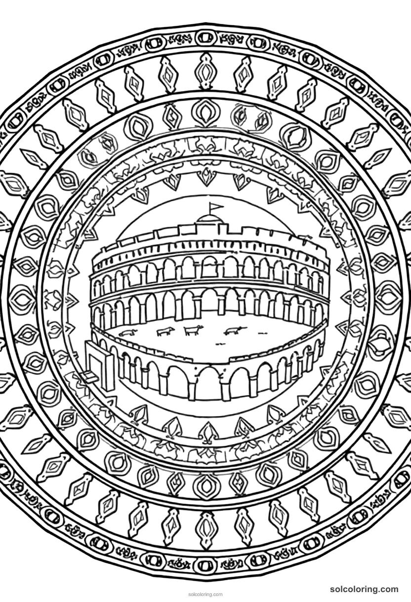 Mandala Ancient Roman Colosseum Animal Hunt mandala coloring page for kids