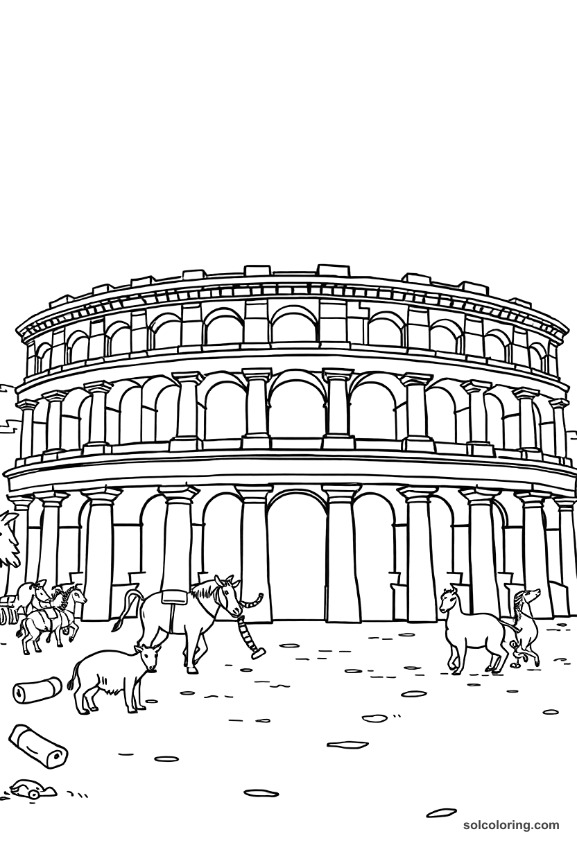 Simple Ancient Roman Colosseum Animal Hunt coloring page, free printable simple style