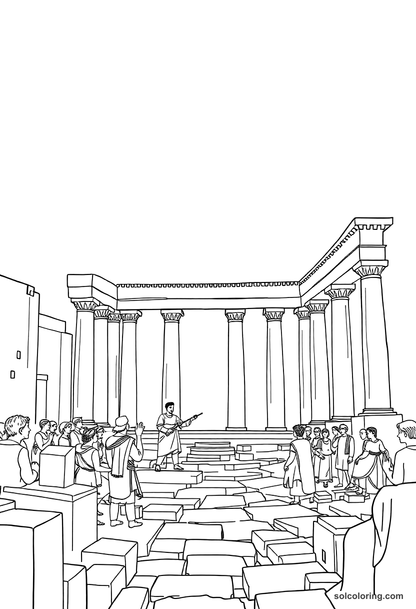 Ancient Roman Forum debate coloring page showing senators in togas discussing among classical columns and architecture