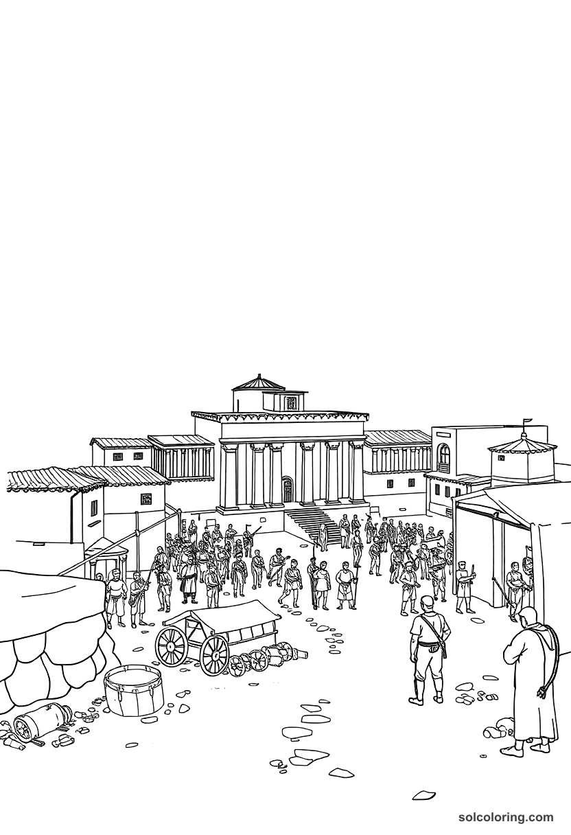 Ancient Roman Military Camp coloring page, free printable detailed style