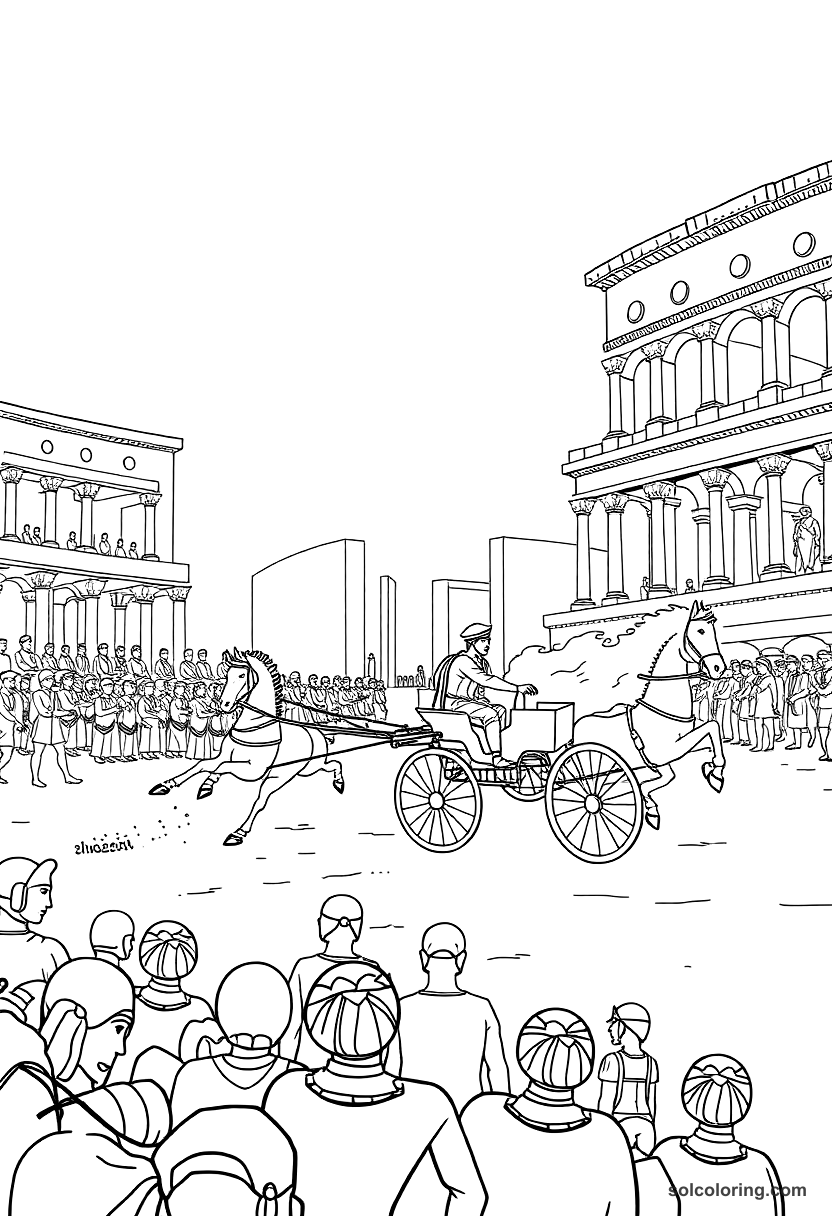 Ancient Rome Chariot Race at the Circus Maximus coloring page, free printable detailed style