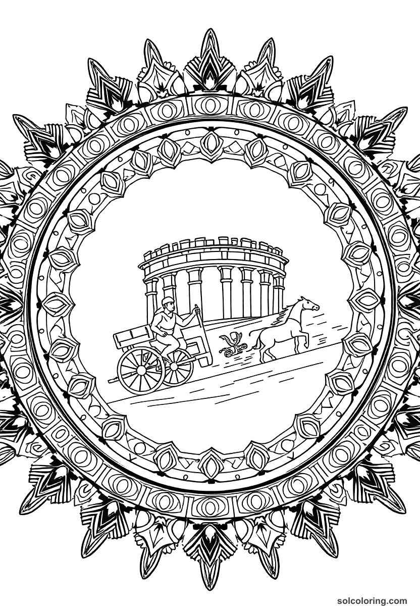 Mandala Ancient Rome Chariot Race at the Circus Maximus coloring page, free printable mandala style