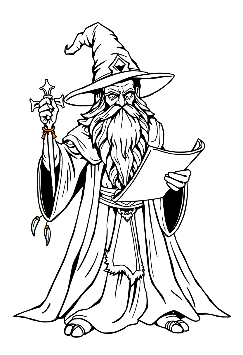 Ancient Wizard with Mystical Scrolls coloring page for kids