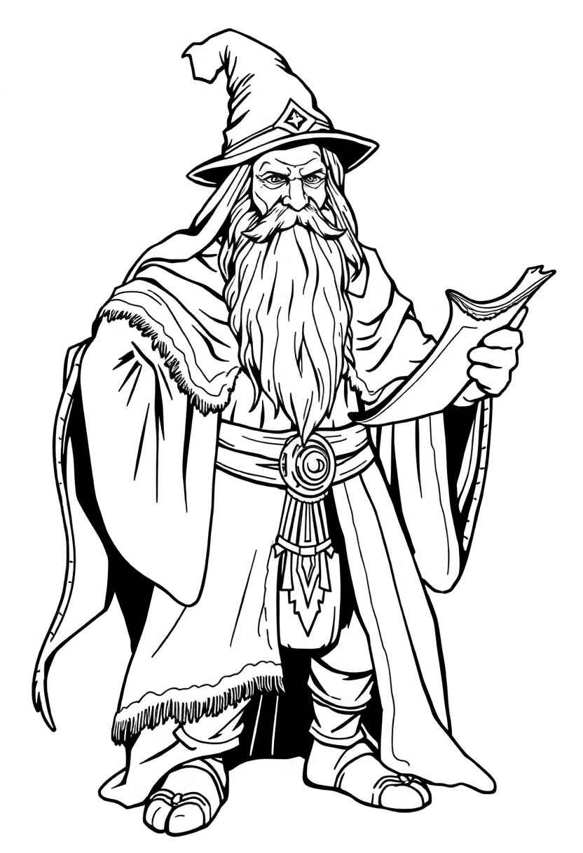 Ancient Wizard with Mystical Scrolls coloring page for kids