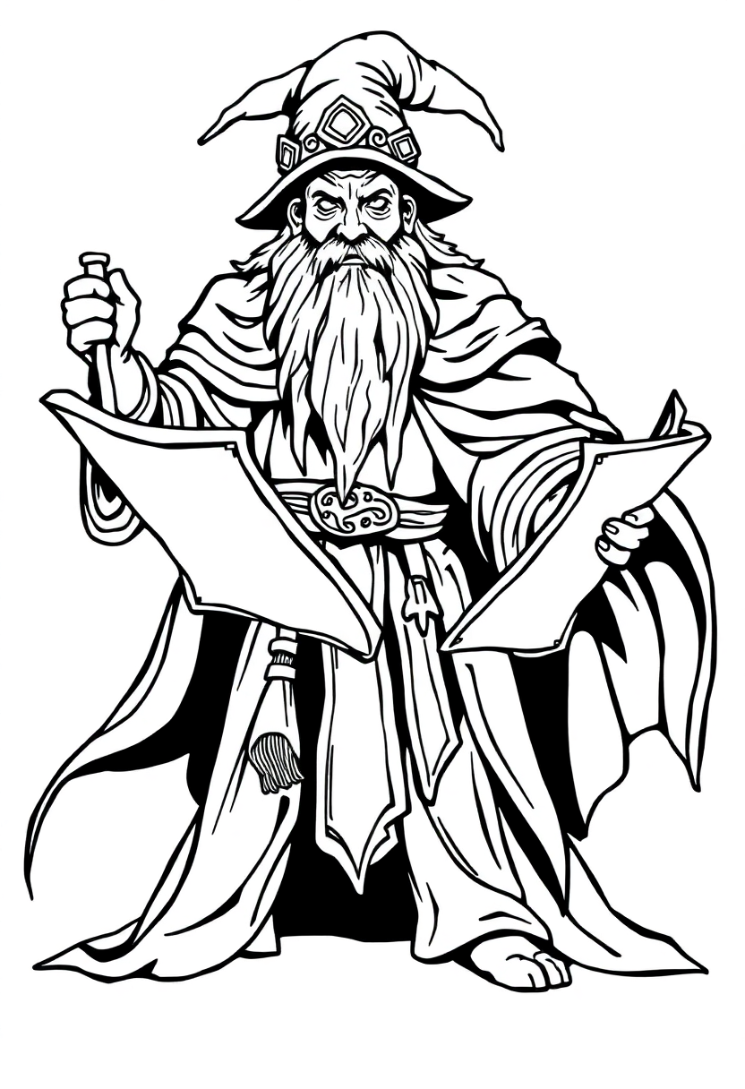 Ancient Wizard with Mystical Scrolls coloring page for kids