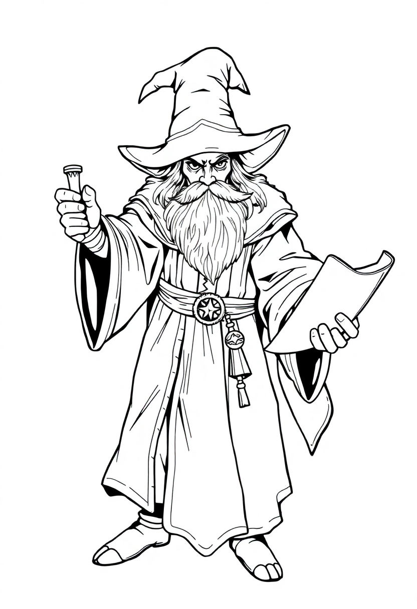 Ancient Wizard with Mystical Scrolls coloring page for kids