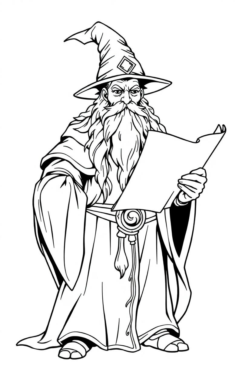 Ancient Wizard with Mystical Scrolls coloring page for kids