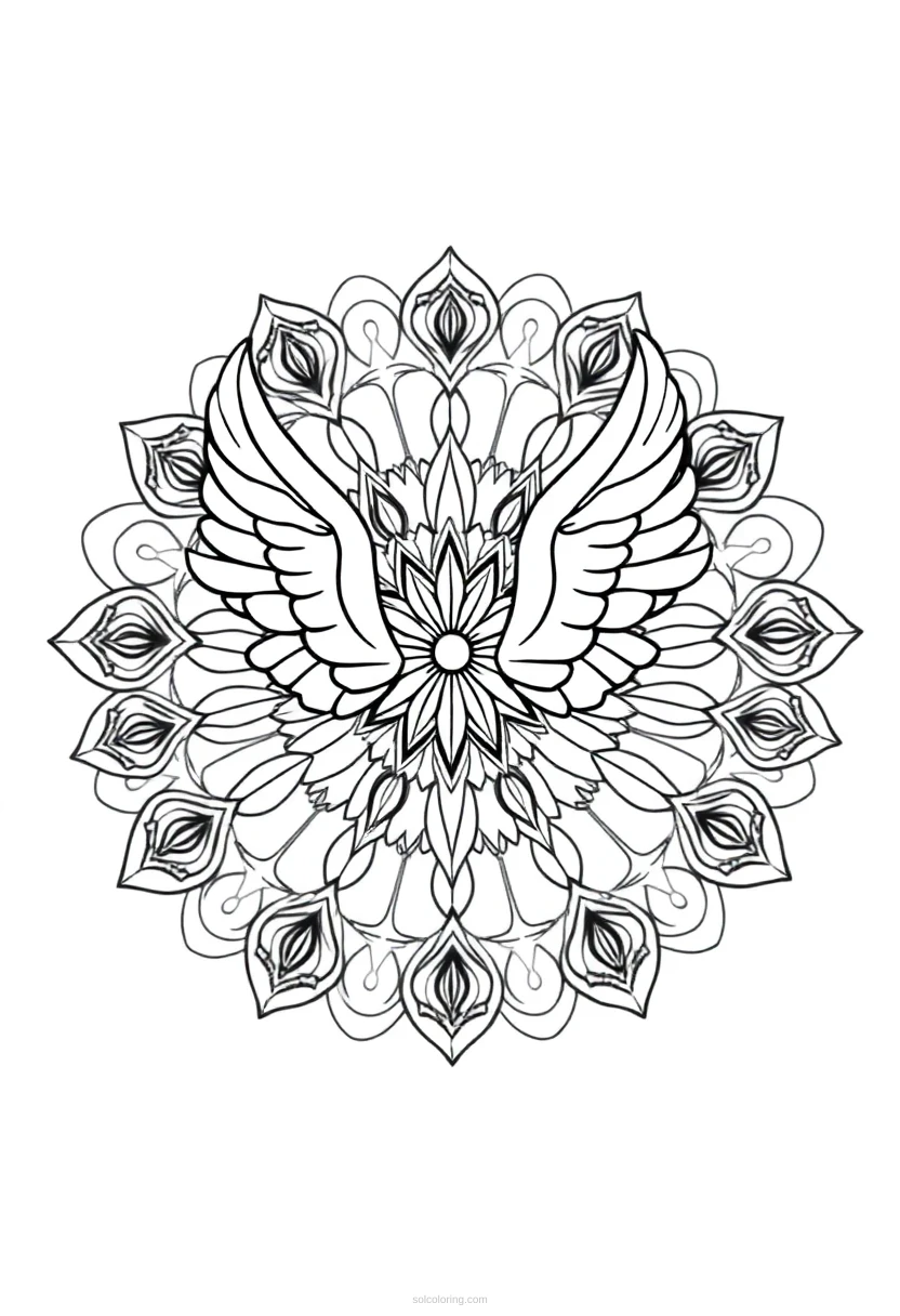 Angel Wings Divine Mandala coloring page for kids