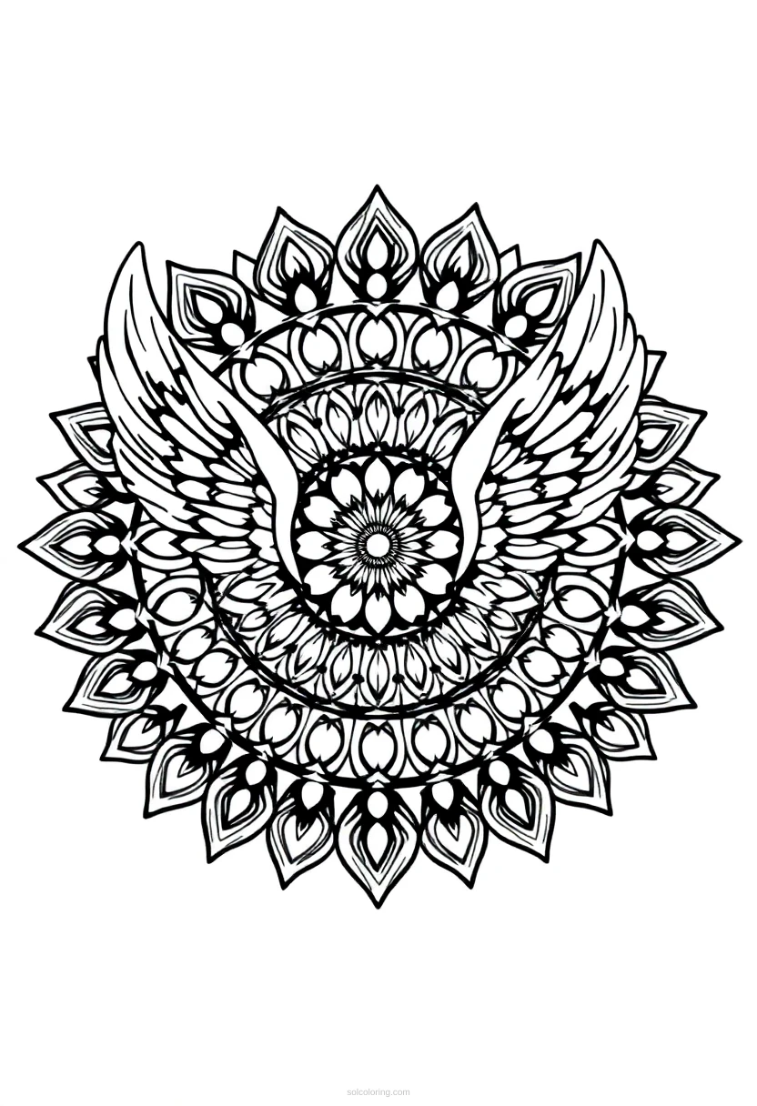 Angel Wings Divine Mandala coloring page for kids