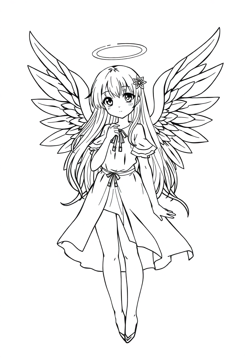 Angel Wings Magical Girl coloring page, free printable standard style for kids and adults