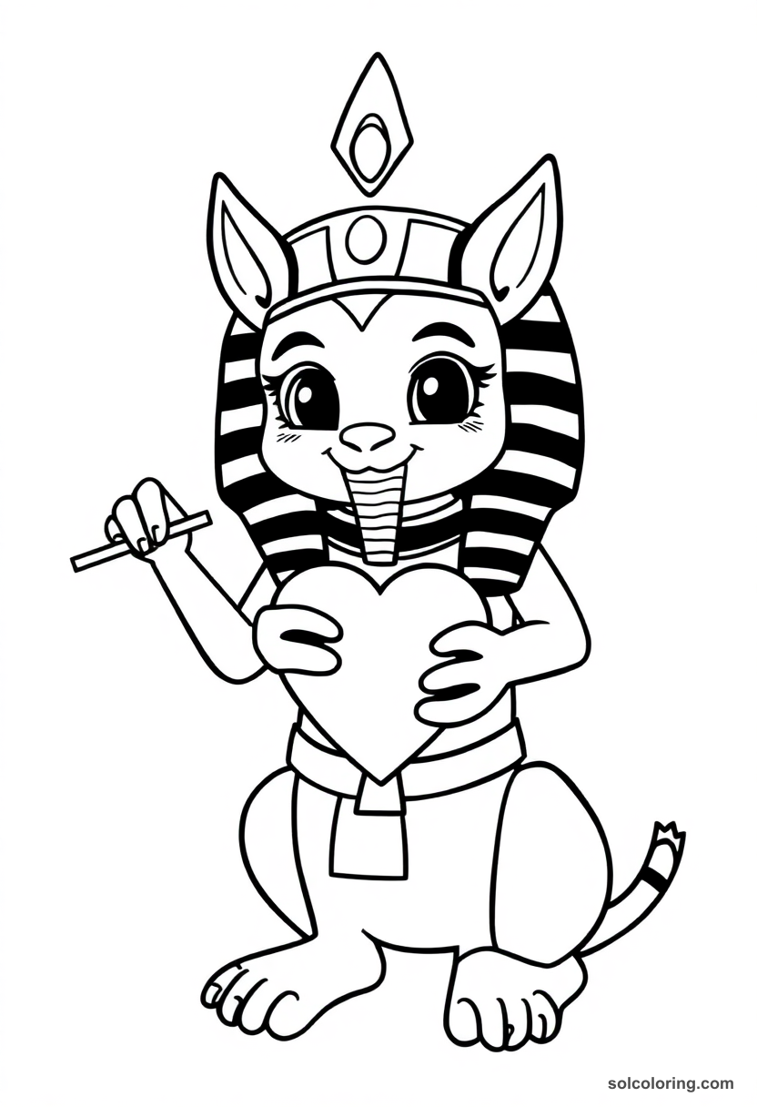 Cute cartoon Anubis coloring page showing the jackal-headed god weighing a heart on scales with bold outlines for kids