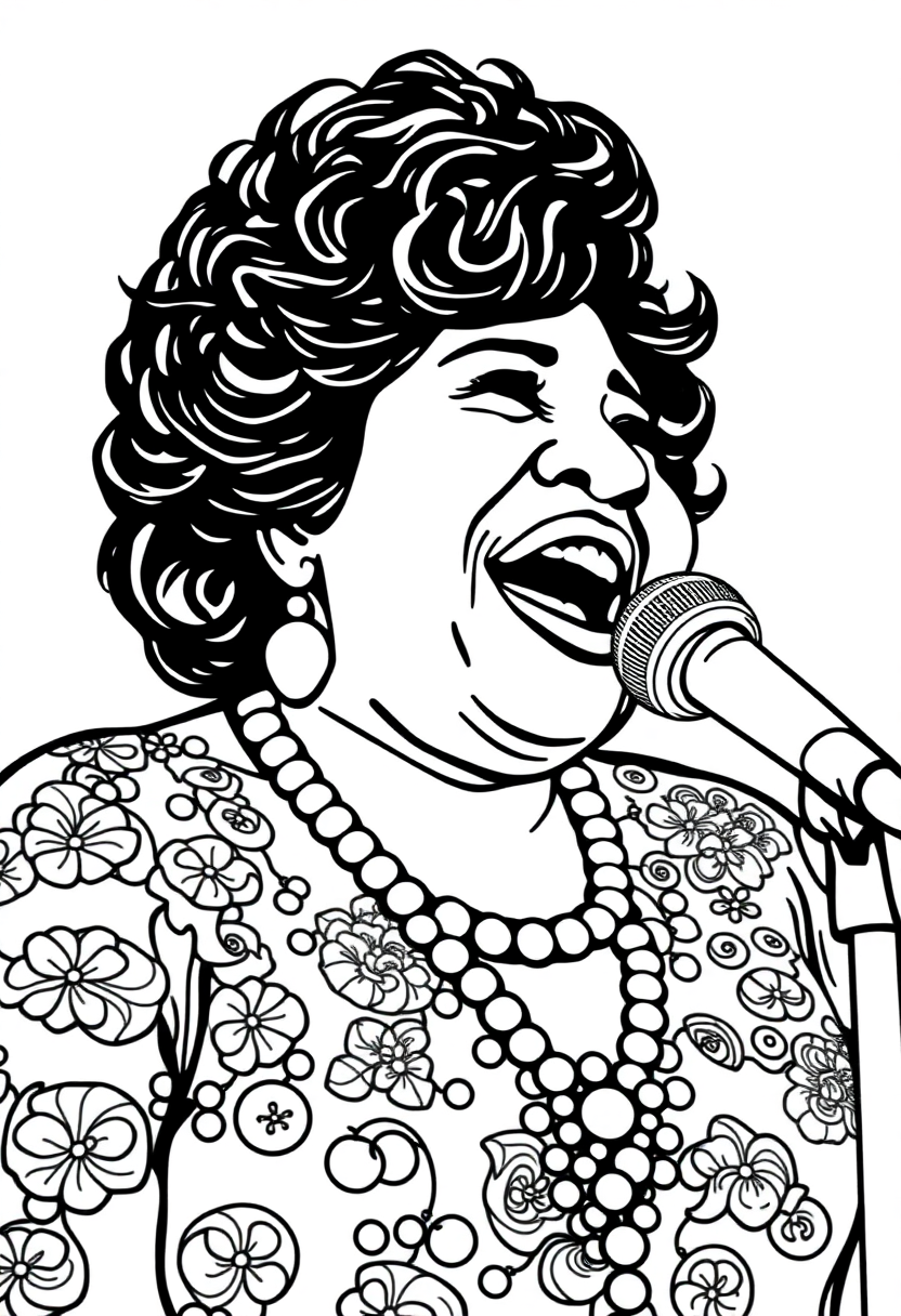 Detailed coloring page of Aretha Franklin singing into microphone with bold outlines, perfect for printing