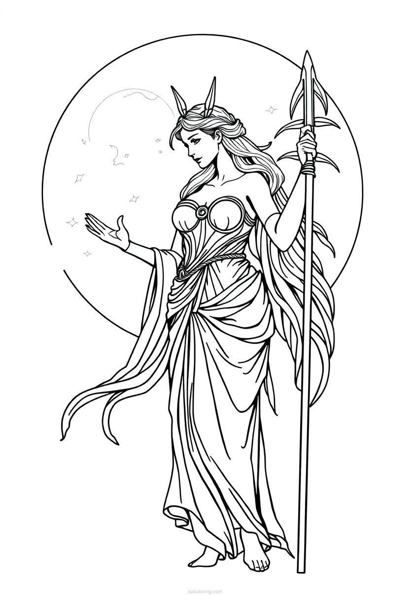 Artemis Moon Goddess coloring page for kids
