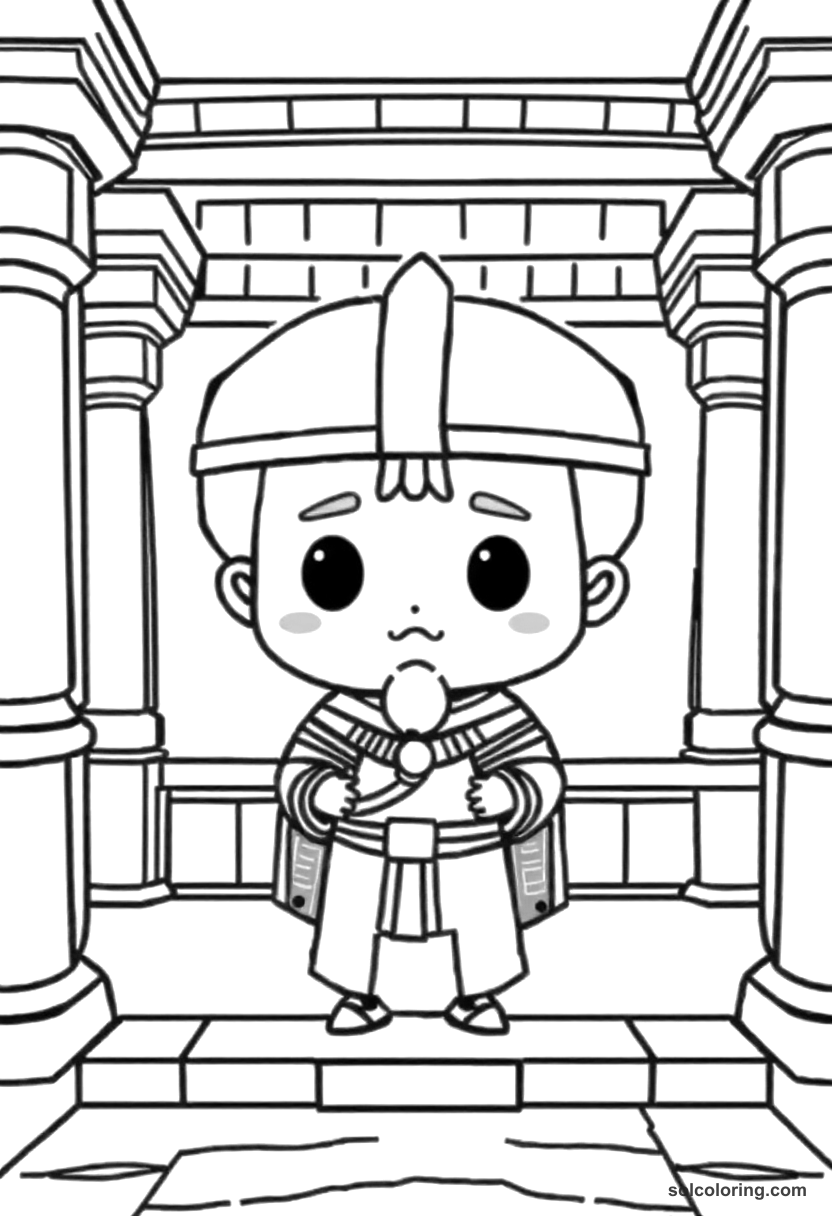 Chibi Ashurbanipal in His Library at Nineveh coloring page, free printable chibi style