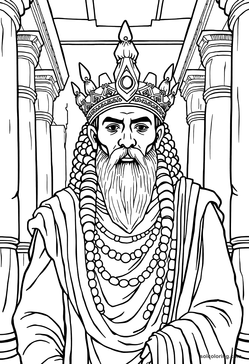 Ashurbanipal in His Library at Nineveh coloring page, free printable detailed style