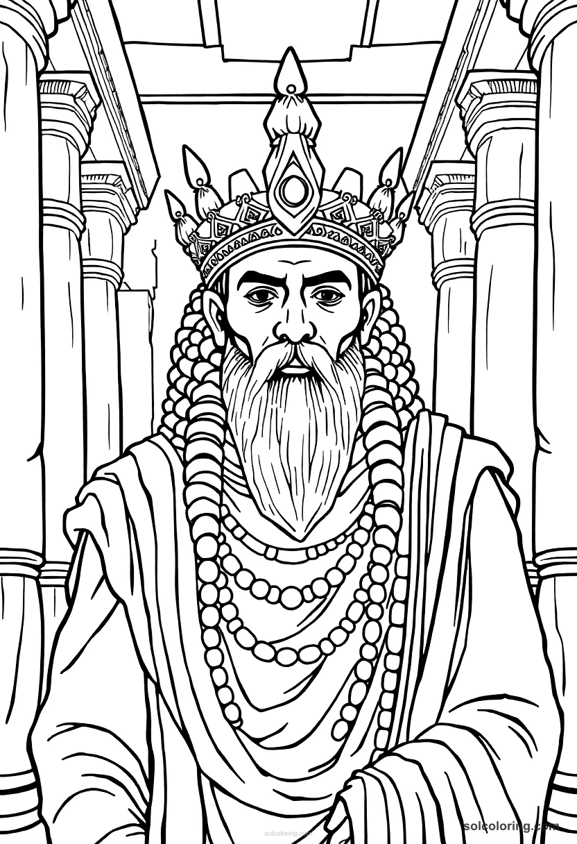 Ashurbanipal in His Library at Nineveh detailed coloring page for kids