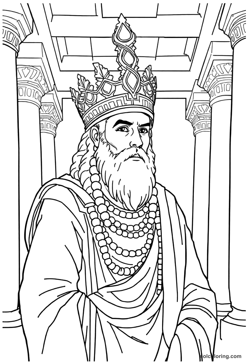 Ashurbanipal in His Library at Nineveh coloring page, free printable realistic style