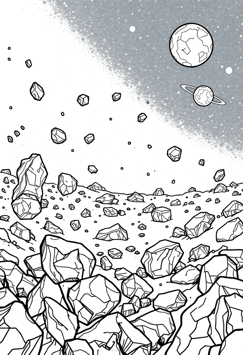 Asteroid Field with Space Rocks coloring page for kids