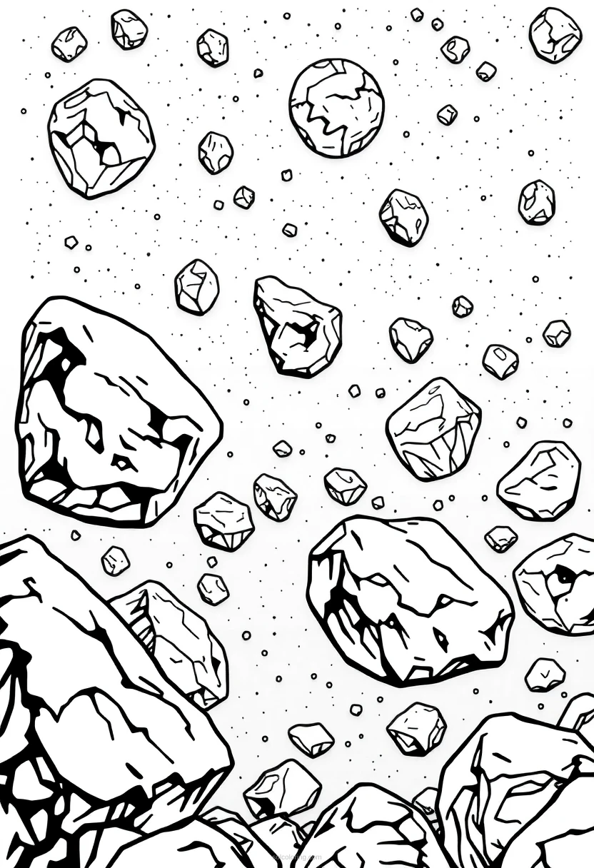 Asteroid Field with Space Rocks coloring page for kids
