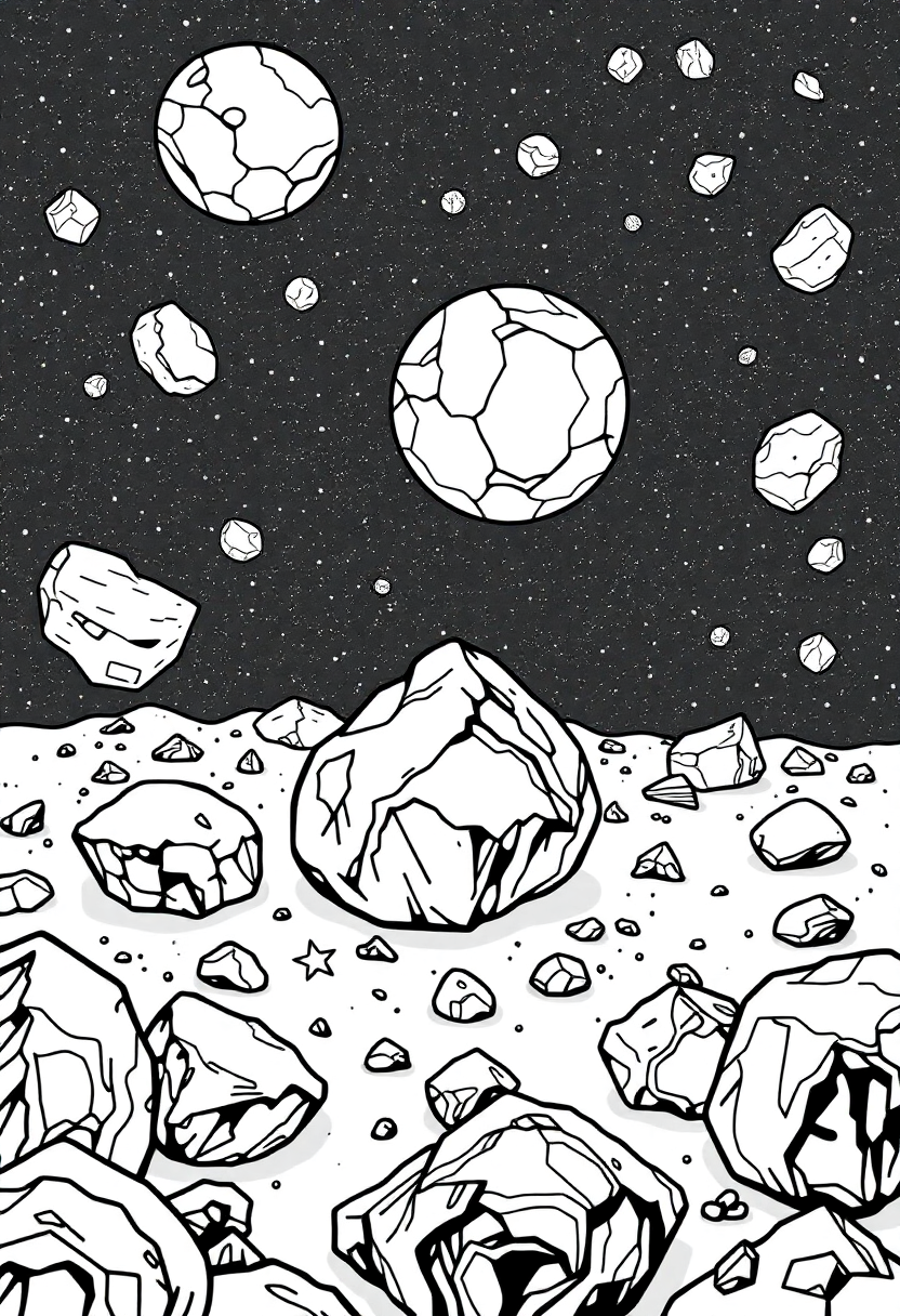 Asteroid Field with Space Rocks coloring page, free printable