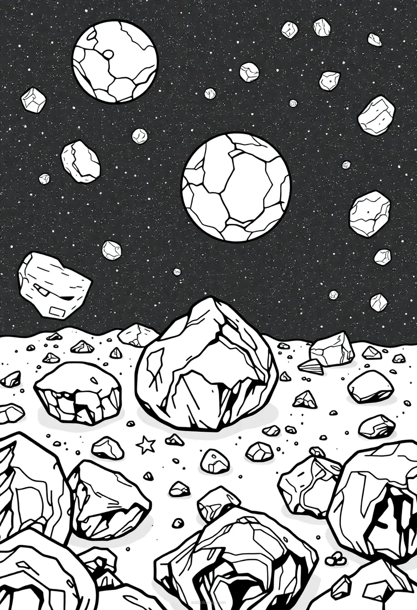 Asteroid Field with Space Rocks coloring page for kids