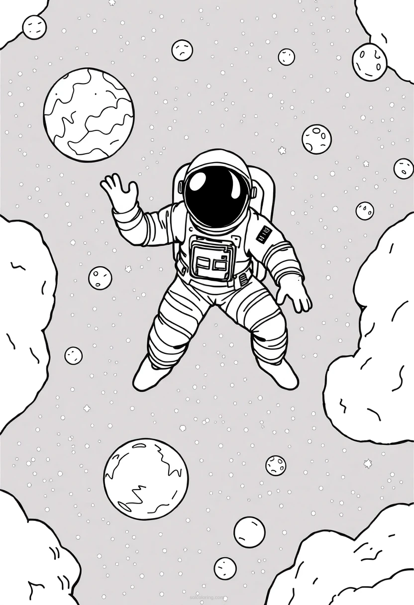 Astronaut Floating in Deep Space coloring page for kids