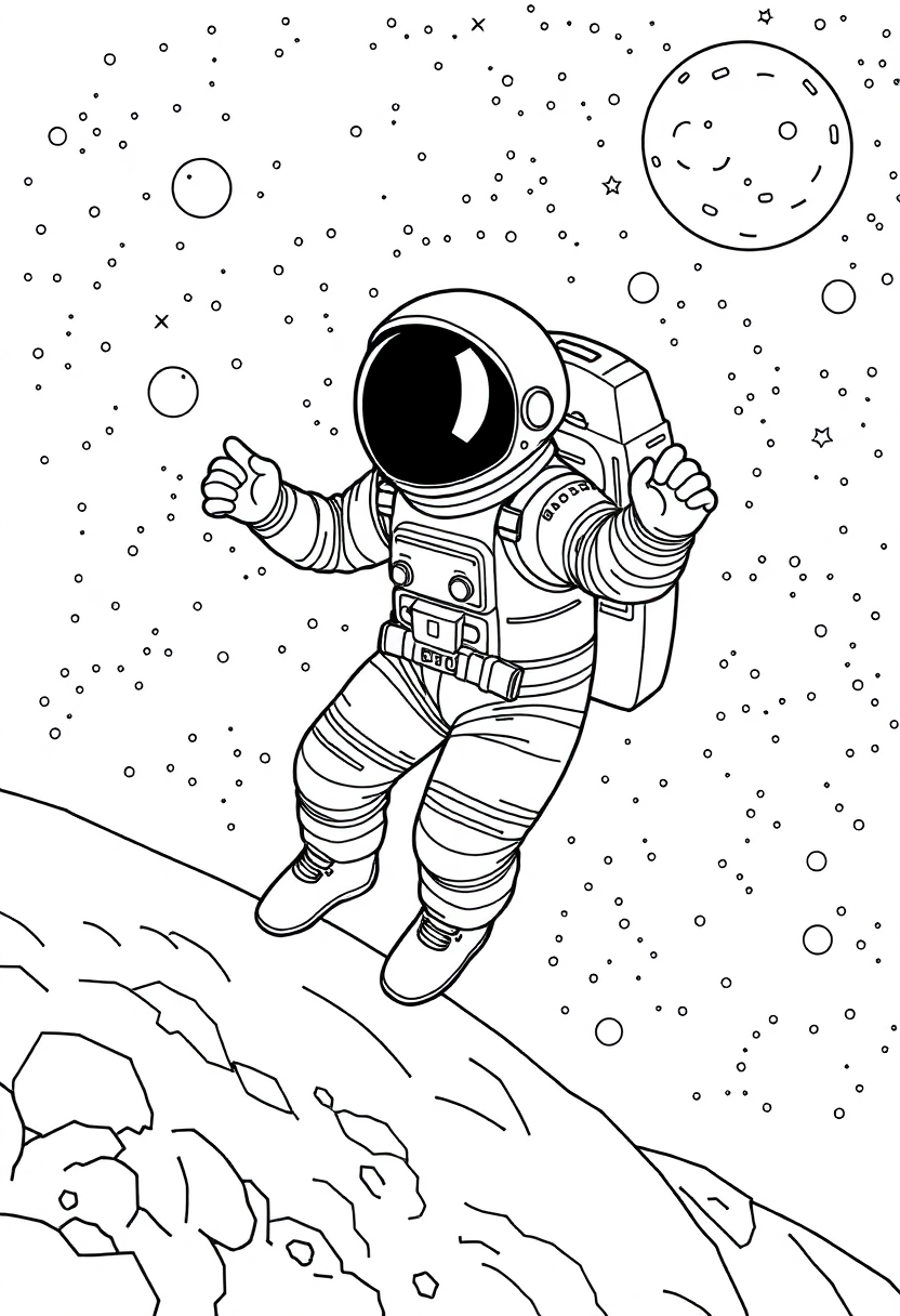 Astronaut Floating in Deep Space coloring page, free printable
