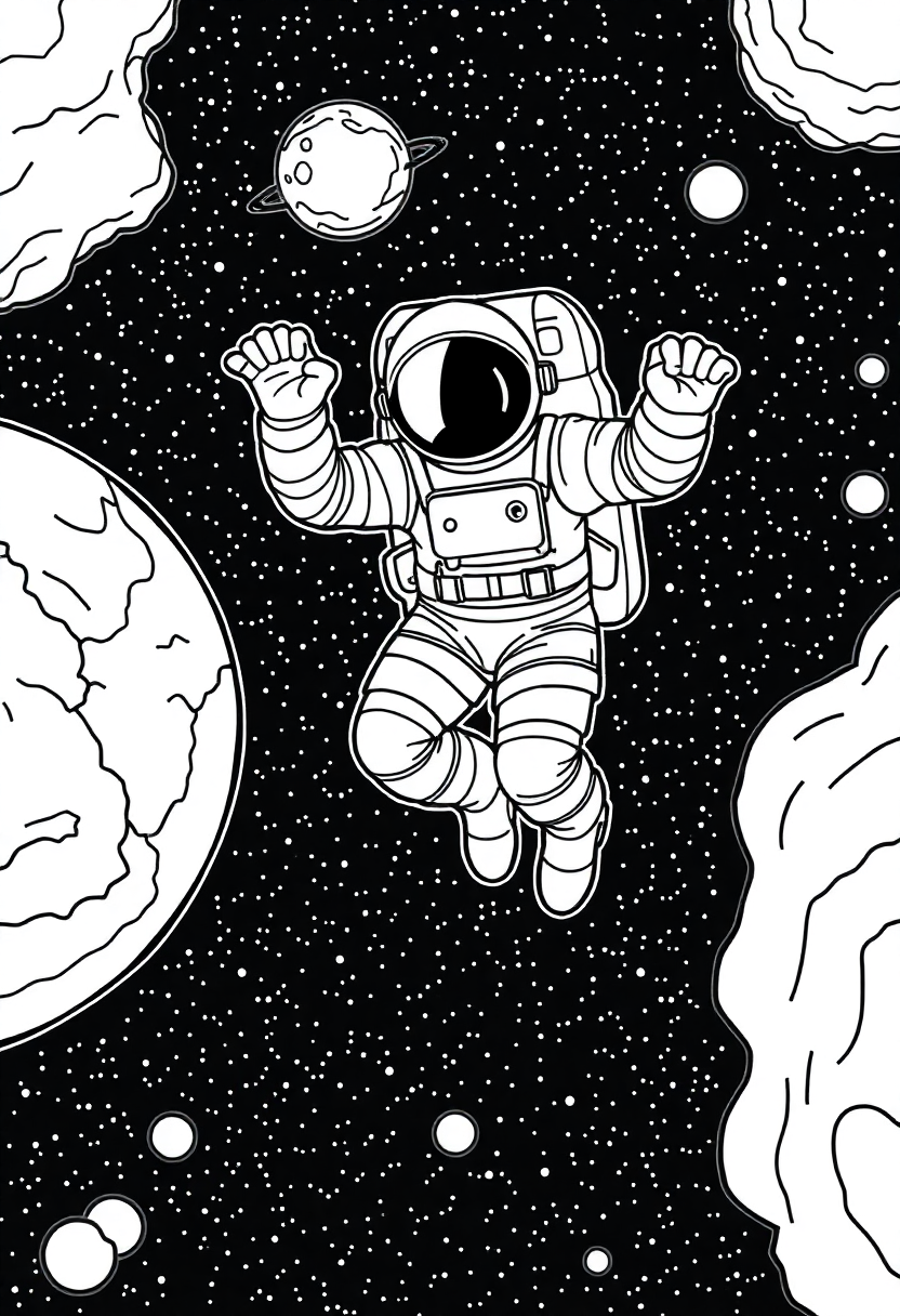 Astronaut Floating in Deep Space coloring page, free printable