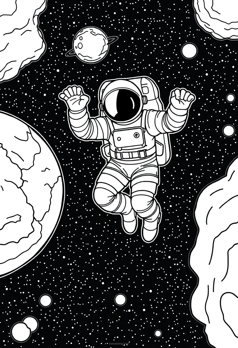 Astronaut Floating in Deep Space coloring page for kids