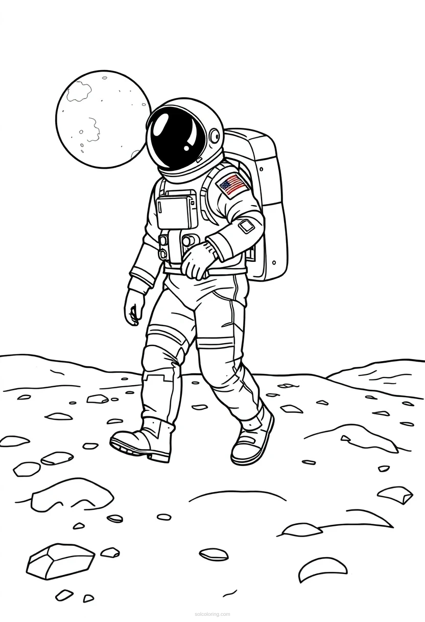 Astronaut Walking on Moon coloring page for kids