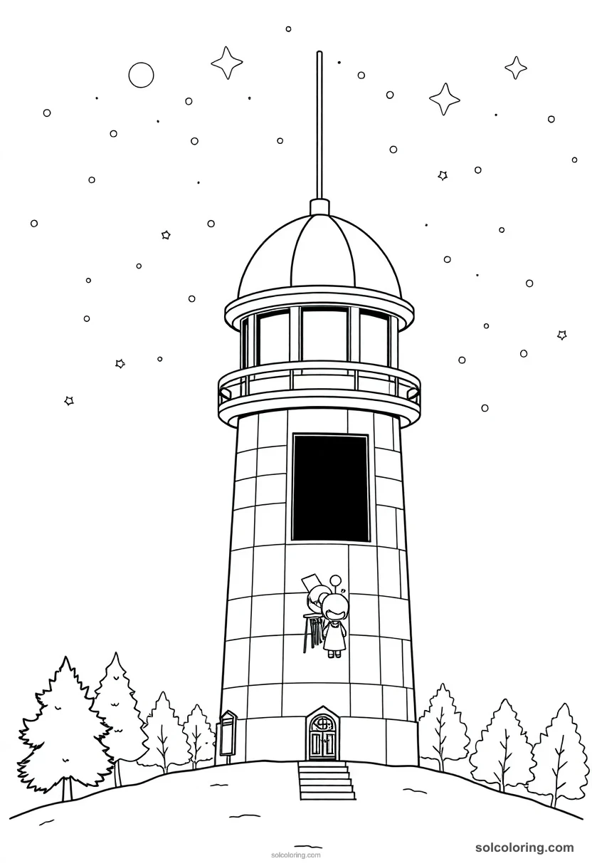 Chibi Astronomy Tower at Midnight with Robed Students Charting Stars chibi coloring page for kids