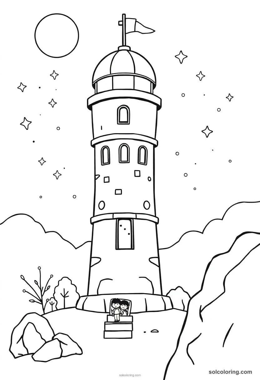 Cute Cartoon Astronomy Tower at Midnight with Robed Students Charting Stars cute cartoon coloring page for kids