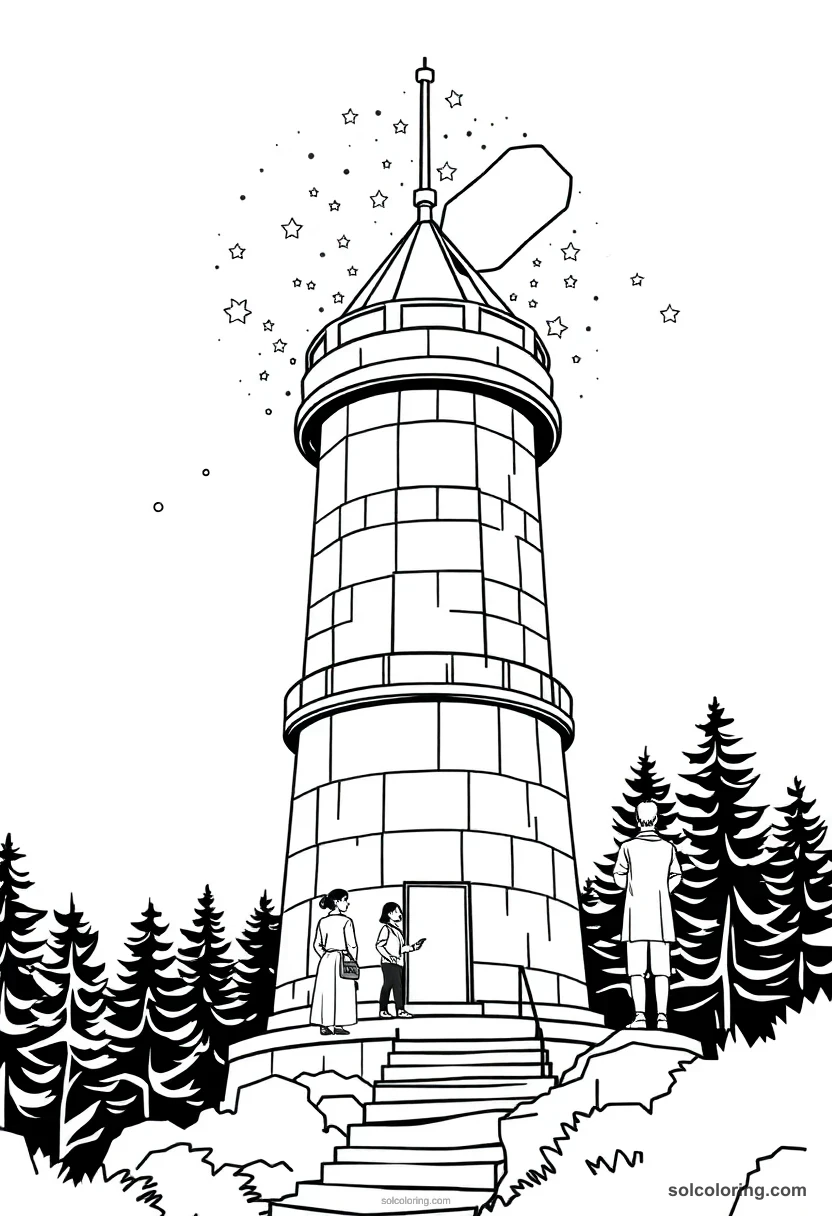 Astronomy Tower at Midnight with Robed Students Charting Stars detailed coloring page for kids