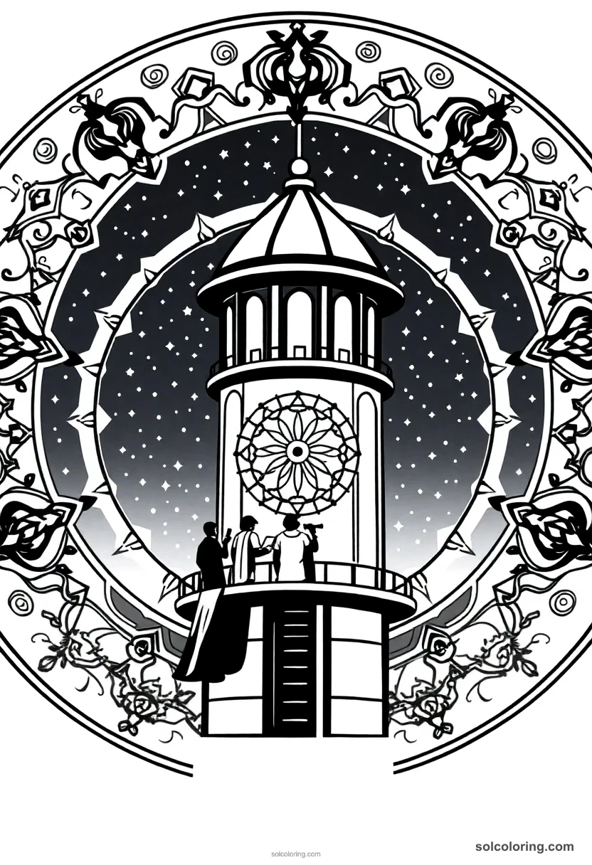 Mandala Astronomy Tower at Midnight with Robed Students Charting Stars mandala coloring page for kids