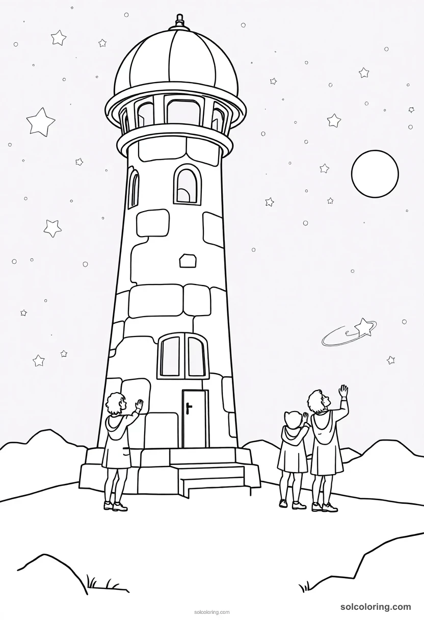 Simple Astronomy Tower at Midnight with Robed Students Charting Stars simple coloring page for kids