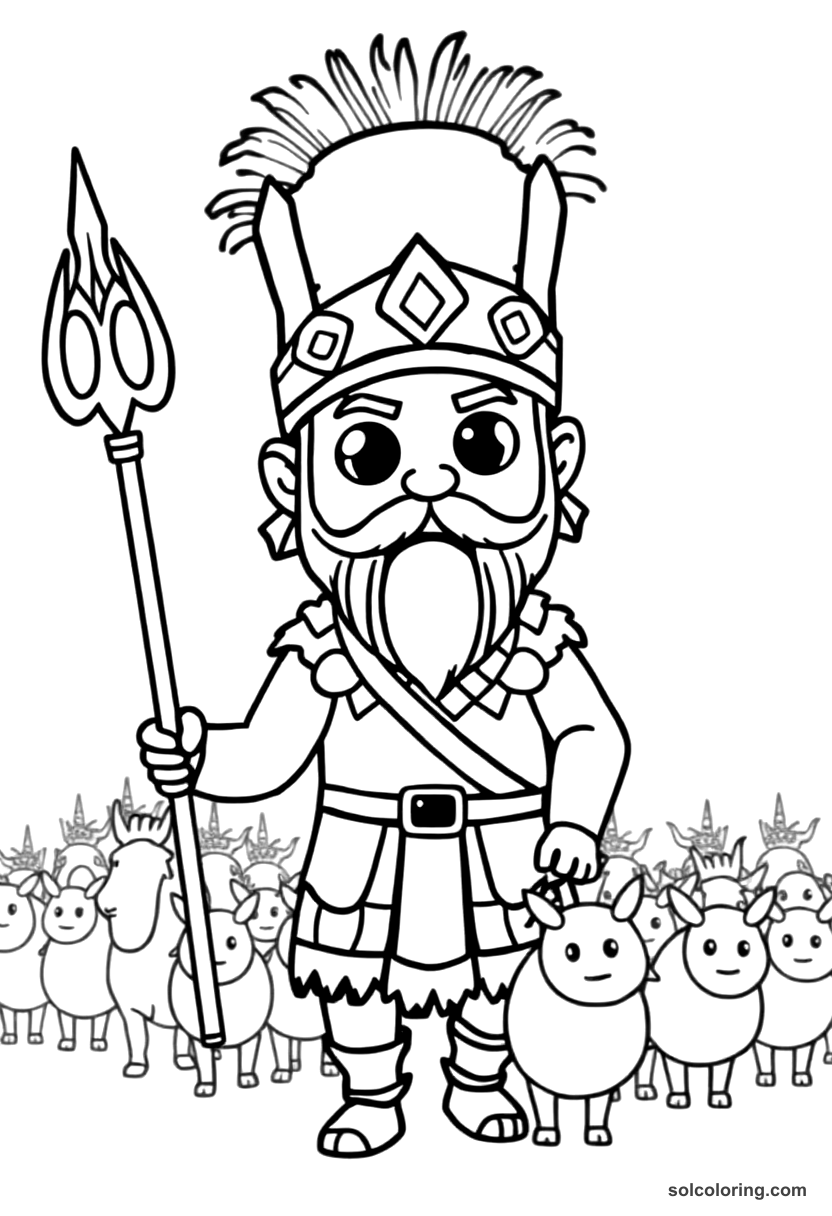 Cute Cartoon Attila the Hun Leading His Army coloring page, free printable cute cartoon style