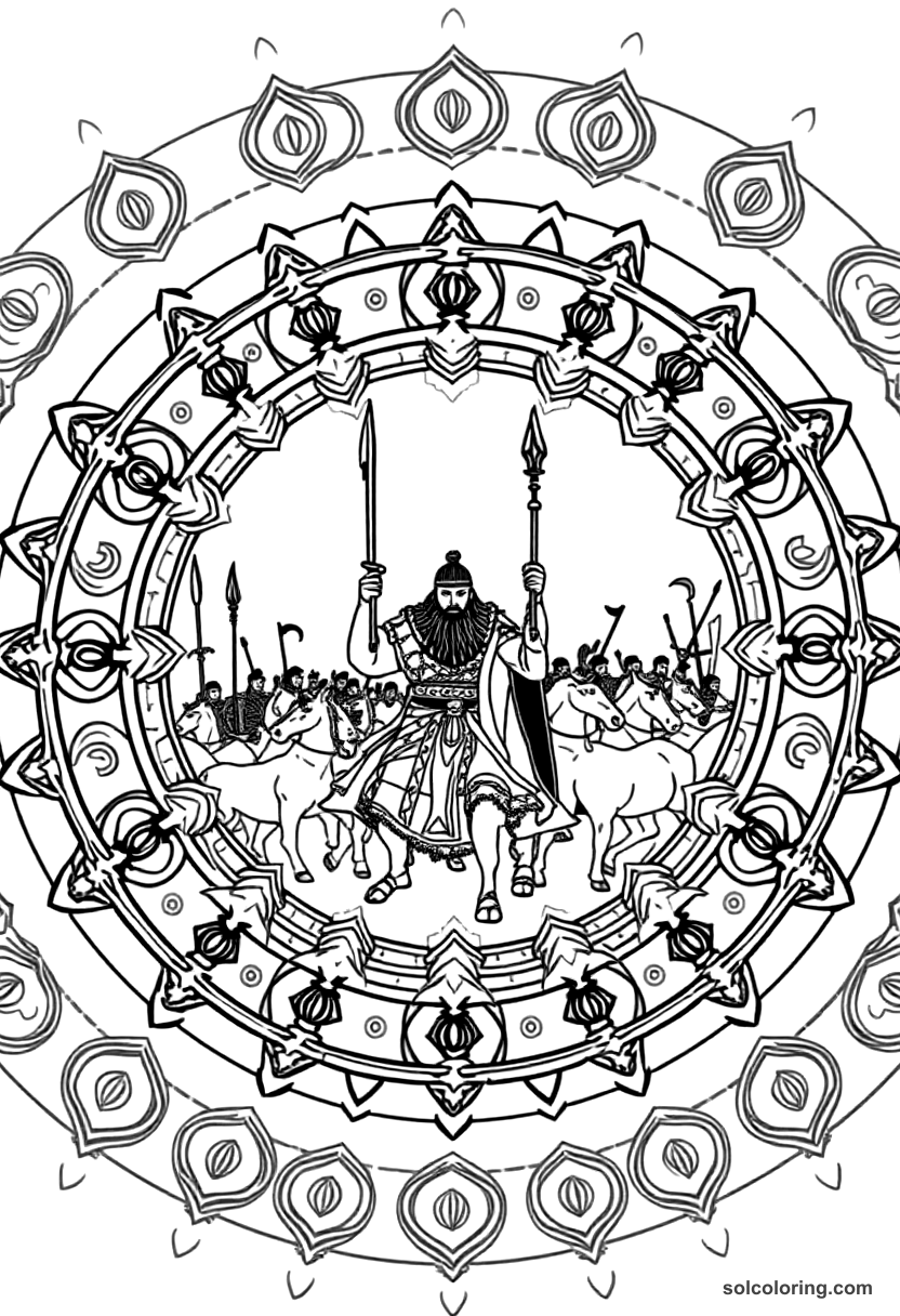 Mandala Attila the Hun Leading His Army coloring page, free printable mandala style