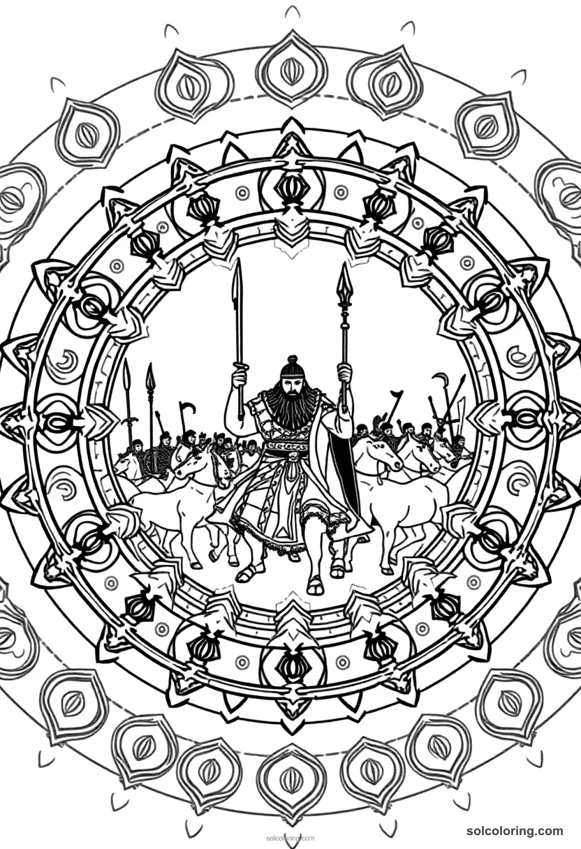 Mandala Attila the Hun Leading His Army mandala coloring page for kids