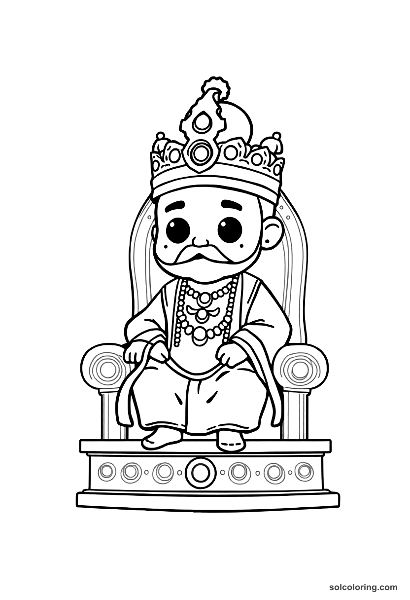 Chibi Aurangzeb on the Mughal Peacock Throne coloring page, free printable chibi style
