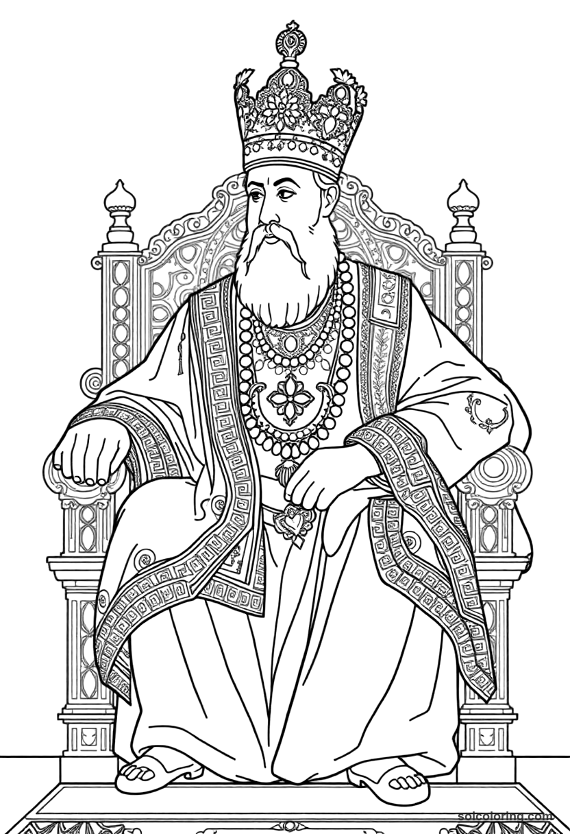 Aurangzeb on the Mughal Peacock Throne coloring page, free printable detailed style