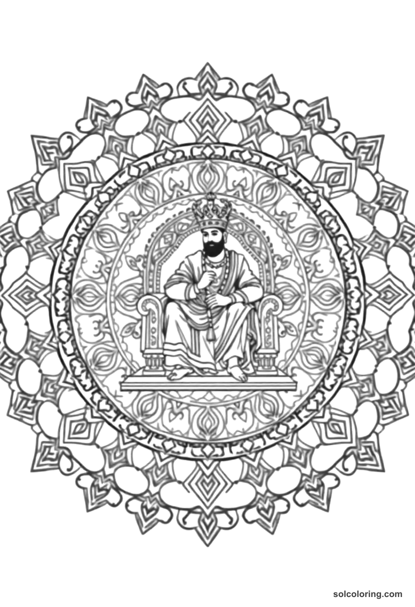 Mandala Aurangzeb on the Mughal Peacock Throne coloring page, free printable mandala style