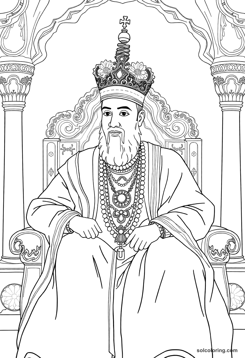 Aurangzeb on the Mughal Peacock Throne coloring page, free printable realistic style