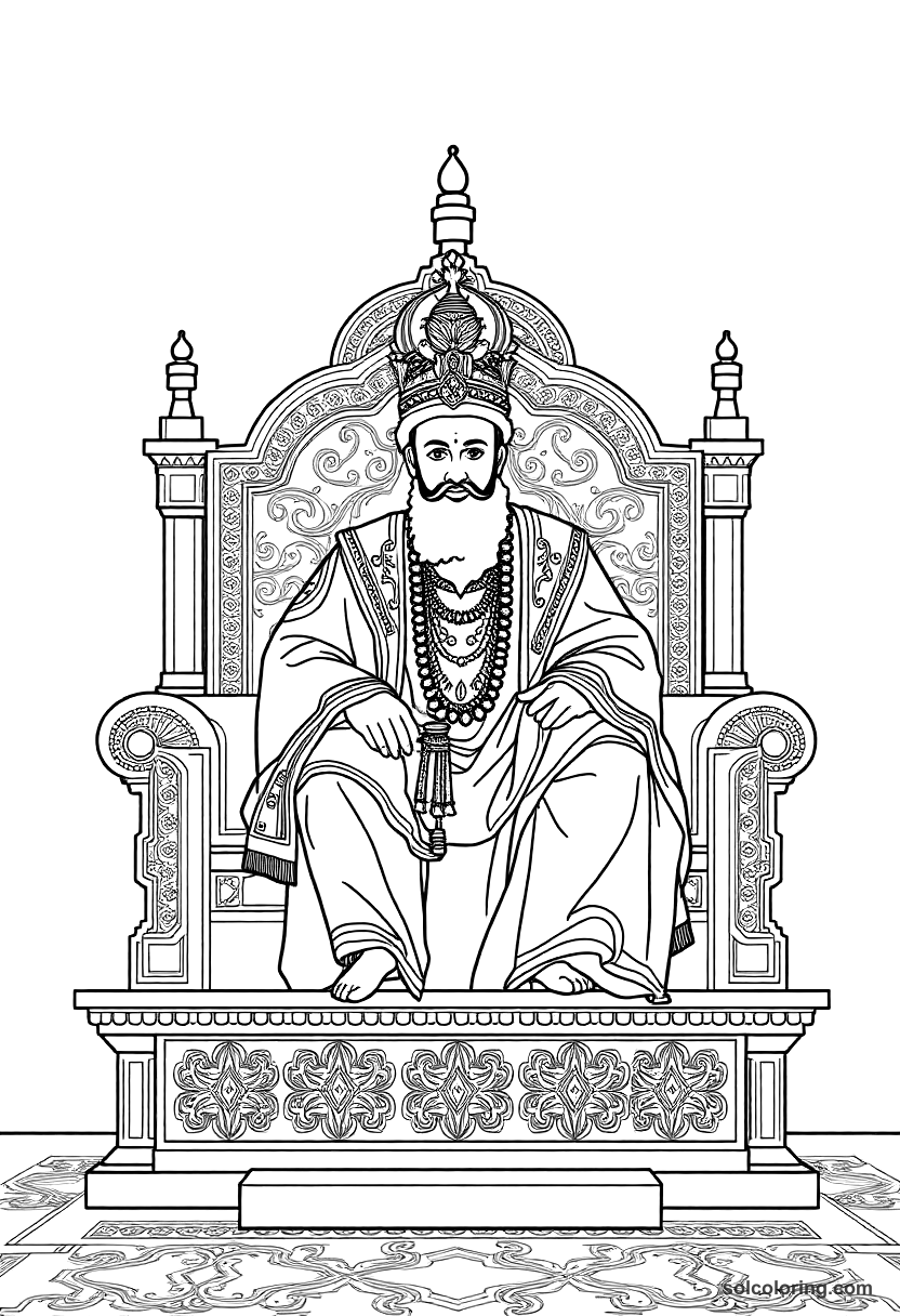 Simple Aurangzeb on the Mughal Peacock Throne coloring page, free printable simple style
