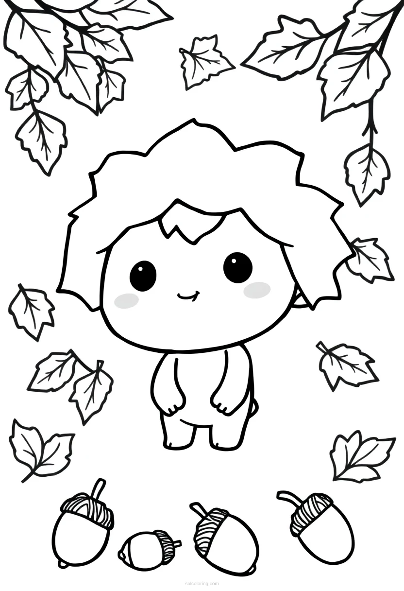 Autumn Leaves and Acorns coloring page for kids