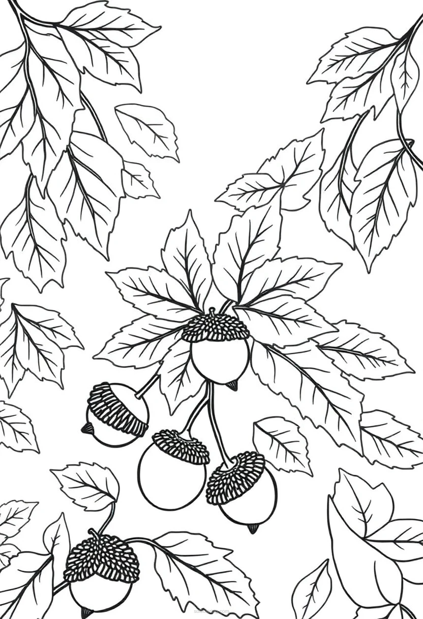 Detailed autumn leaves and acorns coloring page with maple oak elm leaves and textured acorn caps bold outlines