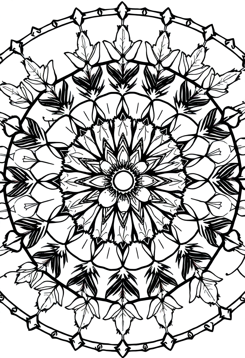 Autumn Leaves and Acorns Mandala coloring page for kids