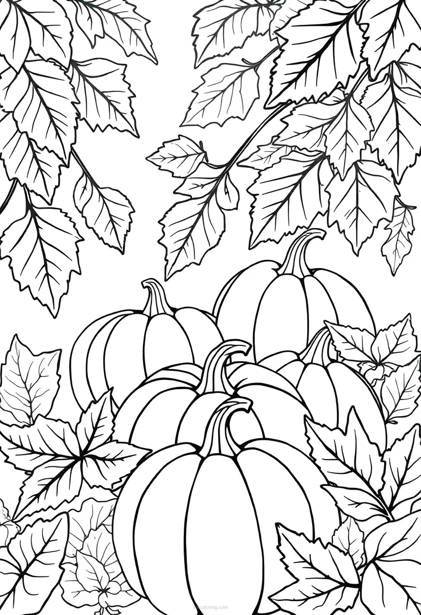 Autumn Leaves and Pumpkins coloring page for kids