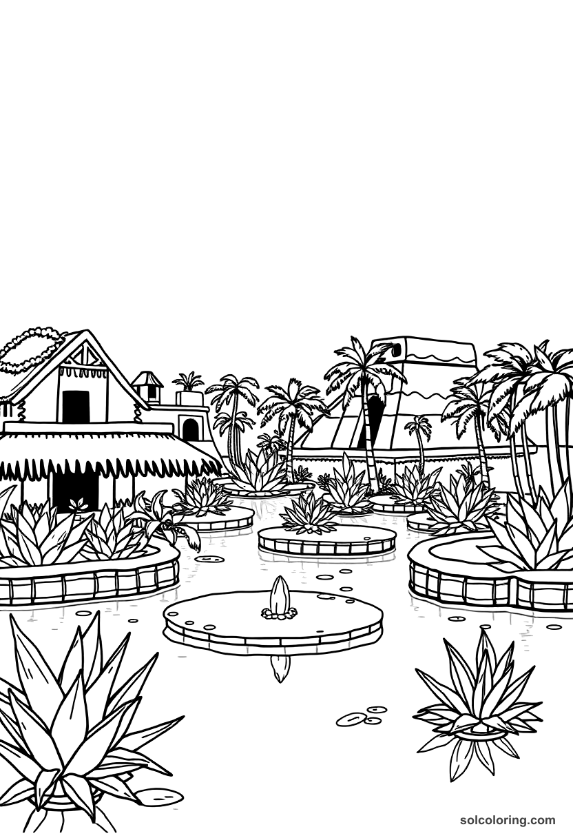 Simple Aztec Floating Garden Chinampas coloring page, free printable simple style