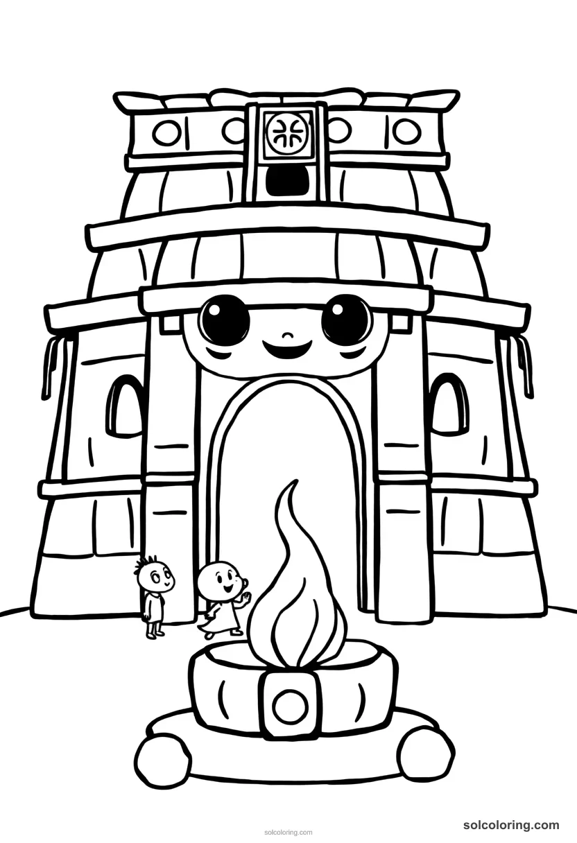 Cute Cartoon Aztec Temple Sacrifice Ceremony cute cartoon coloring page for kids